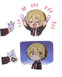 Rule 34 | &gt; &lt;, 1girl, blonde hair, chibi, closed eyes, closed mouth, collared shirt, commentary request, don quixote (project moon), glowstick, grey jacket, hair between eyes, highres, holding, holding glowstick, jacket, limbus company, long sleeves, mu46016419, necktie, open clothes, open jacket, open mouth, orange eyes, project moon, red necktie, shirt, short hair, smile, white shirt