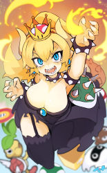 Rule 34 | 1girl, ? block, absurdres, armlet, black dress, black thighhighs, blonde hair, blooper (mario), blue eyes, blurry, bowsette, bracelet, breasts, brooch, cleavage, collar, commentary request, covered navel, depth of field, dress, earrings, fingernails, fire, fire flower, fireball, forked eyebrows, from above, garter straps, goomba, hair between eyes, highres, jewelry, koopa paratroopa, large breasts, long fingernails, long hair, looking at viewer, mario (series), mushroom, new super mario bros. u deluxe, nintendo, open mouth, pointy ears, ponytail, pyrokinesis, rtari, sharp fingernails, sharp teeth, sleeveless, sleeveless dress, slit pupils, smile, solo focus, spiked armlet, spiked bracelet, spiked collar, spiked shell, spiked tail, spikes, strapless, strapless dress, super crown, tail, teeth, thick eyebrows, thighhighs, turtle shell, v-shaped eyebrows