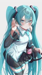 Rule 34 | &gt;:(, 1girl, :&lt;, absurdres, aqua eyes, aqua hair, aqua necktie, aqua skirt, bare shoulders, black skirt, black sleeves, blush, breasts, collared shirt, commentary request, concentrating, cowboy shot, detached sleeves, frown, hair between eyes, hatsune miku, headset, unworn headwear, highres, kawasuru (15miclon), leaning forward, listening, long hair, looking at viewer, medium breasts, multicolored clothes, multicolored skirt, necktie, open hand, pink headphones, pleated skirt, shirt, simple background, skirt, solo, split mouth, thighhighs, twintails, v-shaped eyebrows, very long hair, vocaloid, white background, white shirt