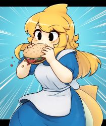 Rule 34 | 1girl, apron, black eyes, blonde hair, blush, burger, d-floe, eating, fins, fish tail, food, head fins, highres, holding, holding food, long hair, looking at viewer, original, shark girl, shark tail, short sleeves, solo, tail, white apron