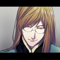 Rule 34 | 1boy, bbb 813, brown hair, closed mouth, glasses, glowing, glowing eyes, grey background, highres, jacket, jade curtiss, long hair, looking at viewer, male focus, red eyes, simple background, smile, solo, surcoat, tales of (series), tales of the abyss, uniform