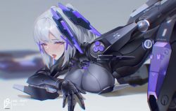 Rule 34 | 1girl, absurdres, android, arm behind back, blush, bodysuit, breasts, highres, implied sex, large breasts, mecha musume, mechanical arms, mechanical legs, punishing: gray raven, qnzy, rosetta: rigor (punishing: gray raven), rosetta (punishing: gray raven), saliva, short hair, tongue, tongue out, white hair