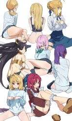 6+girls ahoge apron arcueid_brunestud artoria_pendragon_(all) artoria_pendragon_(fate) back barefoot black_hair blonde_hair blue_eyes blush bottomless breasts brown_eyes character_request crown fate/grand_order fate/stay_night fate_(series) hair_ribbon highres ishtar_(fate) kohaku_(tsukihime) long_hair looking_at_viewer maid_apron mash_kyrielight matou_sakura medium_breasts multiple_girls neck_ribbon panties pleated_skirt ponytail purple_hair red_eyes ribbon saber_(fate) sandals school_uniform short_hair simple_background sitting skirt socks some1else45 strapless tsukihime tube_top underwear wamuu wariza white_background white_panties white_socks