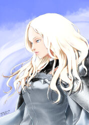 Rule 34 | 1girl, absurdres, armor, blonde hair, blue sky, bodysuit, breasts, cape, claymore (series), cloud, dated, day, from side, grey bodysuit, grey cape, highres, lips, long hair, long sleeves, looking at viewer, medium breasts, outdoors, parted lips, pauldrons, realistic, shoulder armor, signature, sky, solo, teresa (claymore), uniform, wavy hair, yuutan (chokorobittsu)