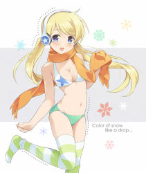 Rule 34 | 1girl, :d, bad id, bad pixiv id, bikini, blonde hair, blue eyes, blush, breasts, cleavage, english text, engrish text, headphones, long hair, looking at viewer, medium breasts, nagijin, navel, open mouth, orange scarf, original, ranguage, scarf, shiny skin, skindentation, smile, solo, standing, standing on one leg, striped clothes, striped thighhighs, swimsuit, thighhighs, twintails
