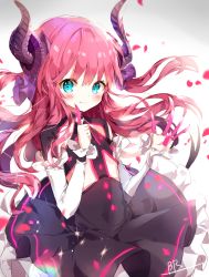 Rule 34 | 10s, 1girl, aqua eyes, artist name, bad id, bad pixiv id, black dress, blurry, blush, depth of field, detached sleeves, dohj00, dragon girl, dragon horns, dress, elizabeth bathory (fate), elizabeth bathory (fate/extra ccc), elizabeth bathory (first ascension) (fate), fang, fang out, fate/extra, fate/extra ccc, fate (series), flat chest, floating hair, frilled sleeves, frills, hair ribbon, hands up, horns, long hair, looking at viewer, petals, purple ribbon, rainbow, red hair, ribbon, signature, smile, solo