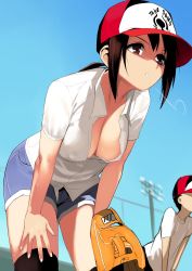 Rule 34 | 1girl, baseball cap, baseball glove, breasts, brown eyes, brown hair, cleavage, gen (black factory), hat, highres, leaning forward, medium breasts, open clothes, open shirt, original, ponytail, shirt, shorts, solo focus, standing, sweat, thighhighs