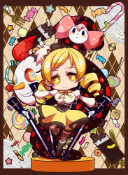 Rule 34 | 10s, 1girl, bad id, bad pixiv id, beret, blonde hair, bullet-ogre, candy, charlotte (madoka magica), chibi, drill hair, food, gun, hair ornament, hat, hat ornament, magical musket, mahou shoujo madoka magica, mahou shoujo madoka magica (anime), multicolored eyes, musket, puffy sleeves, rifle, thighhighs, tomoe mami, weapon, yellow eyes