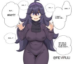 Rule 34 | 1girl, @ @, absurdres, ahoge, alternate breast size, artist name, bags under eyes, black sweater, blush, breasts, claw pose, covered navel, cowboy shot, creatures (company), dress, english text, game freak, hair between eyes, hair strand, hairband, hands up, hex maniac (pokemon), highres, hip focus, impossible clothes, impossible dress, large breasts, long hair, long sleeves, looking at viewer, nail polish, nintendo, npc trainer, open hands, open mouth, palms, pokemon, pokemon xy, purple dress, purple eyes, purple hair, purple hairband, purple nails, reviruu, ribbed sweater, simple background, solo, speech bubble, sweatdrop, sweater, taut clothes, taut dress, tight clothes, tight dress, turtleneck, turtleneck sweater, twitter username, white background