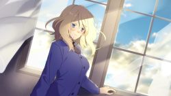 Rule 34 | 1girl, amazuki jou, bc freedom school uniform, blonde hair, blue eyes, blue necktie, blue sky, blue sweater, cardigan, closed mouth, cloud, cloudy sky, commentary, day, diagonal stripes, dress shirt, dutch angle, eyelashes, girls und panzer, hand on wall, highres, indoors, long sleeves, looking at viewer, medium hair, messy hair, necktie, oshida (girls und panzer), red necktie, school uniform, shirt, sky, smile, solo, standing, striped necktie, striped neckwear, sweater, white shirt, wind, window, wing collar