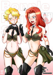 Rule 34 | 2girls, ^^^, adapted costume, artist name, text background, between breasts, bikini, black footwear, black gloves, black necktie, blush, bonple (emblem), bonple military uniform, boots, breasts, brown bikini, character name, closed mouth, collar, commentary request, detached collar, embarrassed, extra, fingers together, frown, girls und panzer, girls und panzer saishuushou, gloves, green eyes, half-closed eyes, highres, long hair, looking away, maiko (girls und panzer), medium breasts, multi-strapped bikini, multiple girls, navel, necktie, nishi itsumi, open mouth, partial commentary, pointy hair, red hair, short hair, shoulder tattoo, small breasts, standing, swept bangs, swimsuit, tattoo, thigh boots, thighhighs, waist cape, white collar, wing collar