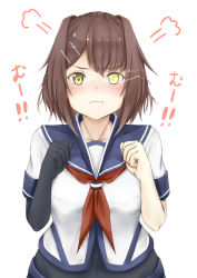 Rule 34 | 1girl, :i, :t, puff of air, asymmetrical bangs, blue sailor collar, blue skirt, blush, bodysuit, breasts, brown hair, clenched hands, collarbone, commentary request, covered navel, elbow gloves, furutaka (kancolle), furutaka kai ni (kancolle), gloves, glowing, glowing eye, hair intakes, hair ornament, hairclip, highres, kantai collection, koru pera, looking at viewer, medium breasts, neckerchief, pout, red neckerchief, sailor collar, school uniform, serafuku, short hair, short sleeves, single elbow glove, skirt, solo, tearing up, tears, translation request, upper body, white background, yellow eyes