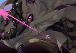 Rule 34 | 1girl, artist name, black hair, breasts, chest tattoo, cleavage, clothing cutout, commentary, dress, facial mark, fate/extra, fate/extra ccc, fate/grand order, fate (series), forehead mark, forehead tattoo, from side, frtheia, glowing, glowing eyes, glowing tattoo, hand on own chest, hands up, horn ornament, horn ring, horns, large breasts, long hair, long sleeves, looking at viewer, looking to the side, mudra, parted bangs, parted lips, pink ribbon, profile, ribbon, sessyoin kiara, side cutout, single horn, solo, tassel, tattoo, upper body, upside-down, veil, vitarka mudra, white dress, white veil, wide sleeves, yellow eyes