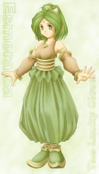 Rule 34 | 1girl, armlet, bare shoulders, belt, blouse, blush, brown shirt, collarbone, detached sleeves, esmeralda (lom), full body, green eyes, green hair, green pants, legend of mana, legs together, looking at viewer, matching hair/eyes, outstretched arms, pants, ponytail, puffy pants, seiken densetsu, shirt, sleeveless, sleeveless shirt, smile, solo, standing, tank top