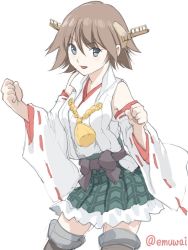 Rule 34 | 1girl, boots, brown hair, commentary request, contrapposto, cowboy shot, detached sleeves, emuwai, flipped hair, green skirt, hairband, headgear, hiei (kancolle), hiei kai ni (kancolle), japanese clothes, kantai collection, looking at viewer, one-hour drawing challenge, plaid, plaid skirt, ribbon-trimmed sleeves, ribbon trim, short hair, simple background, skirt, solo, thigh boots, thighhighs, twitter username, white background