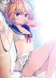 Rule 34 | 1girl, bad id, bad pixiv id, bangle, beach, blue eyes, blue sailor collar, blush, bracelet, breasts, brown hair, collarbone, covered erect nipples, cropped shirt, day, eyelashes, hair between eyes, hand to own mouth, highres, jewelry, knees up, looking at viewer, lying, miniskirt, mole, mole under mouth, navel, ocean, on back, original, outdoors, panties, pantyshot, sailor collar, sand, sankyaku tako, short hair, skirt, small breasts, solo, stomach, striped clothes, striped panties, sweat, teeth, underboob, underwear, upskirt, waves, white panties, white skirt