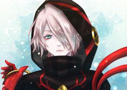 Rule 34 | 1boy, bishounen, chi wa, closed mouth, expressionless, eyeshadow, fate/grand order, fate (series), gloves, green eyes, hair over one eye, hood, hood up, karna (fate), karna (santa) (fate), looking at viewer, makeup, male focus, red gloves, signature, snow, solo, upper body, white hair