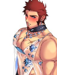 Rule 34 | 1boy, abs, artoria pendragon (lancer alter) (royal icing) (fate), artoria pendragon (lancer alter) (royal icing) (fate) (cosplay), bara, bare shoulders, blue eyes, blush, brown hair, cosplay, crossdressing, earrings, facial hair, fate/grand order, fate (series), goatee, highres, jewelry, k ei3k, large pectorals, long sideburns, looking at viewer, male focus, muscular, napoleon bonaparte (fate), necklace, official alternate costume, pectorals, revealing clothes, scar, see-through, sideburns, solo, white background