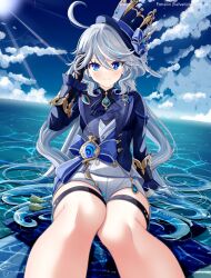 Rule 34 | 1girl, blue eyes, blue hair, furina (genshin impact), genshin impact, helvetica std, highres, hydro symbol (genshin impact), light blue hair, long hair, long sleeves, looking at viewer, outdoors, shorts, sitting, sky, smile, solo, water