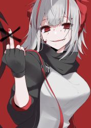 Rule 34 | 1girl, arknights, black gloves, black jacket, black scarf, blood, blood on face, commentary, crazy eyes, crazy smile, demon tail, fingerless gloves, gloves, highres, horns, jacket, middle finger, nail polish, no nose, red background, red eyes, red nails, scarf, shirt, signal 1120, simple background, smile, solo, symbol-only commentary, tail, w (arknights), white hair, white shirt
