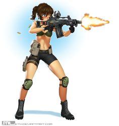 Rule 34 | 1girl, aiming, artist name, assault rifle, bike shorts, bikini, bikini top only, black footwear, black gloves, black shorts, blue background, blue eyes, blush, boots, brooke (mleth), brown hair, casing ejection, cross-laced footwear, deviantart username, fire, firing, full body, gloves, gradient background, green bikini, gun, h&amp;k g36, highres, holding, holding gun, holding weapon, knee pads, lace-up boots, looking ahead, looking to the side, mleth, motion blur, muzzle flash, navel, one eye closed, original, ponytail, pouch, rifle, shell casing, shorts, simple background, solo, stomach, swimsuit, two-tone background, watch, watermark, weapon, web address, white background, wristwatch