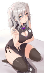 Rule 34 | 1girl, absurdres, alternate costume, bare shoulders, blue eyes, blush, breast hold, breasts, butterfly ornament, china dress, chinese clothes, cleavage, clothing cutout, dress, grey hair, twirling hair, heart cutout, highres, kantai collection, kashima (kancolle), large breasts, looking at viewer, no headwear, no headwear, saku (kudrove), sitting, smile, solo, thighhighs, two side up, wariza