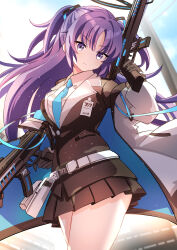 Rule 34 | 1girl, absurdres, belt, belt pouch, black gloves, black skirt, black vest, blue archive, blue hair, blue necktie, breasts, closed mouth, collared shirt, commentary request, cowboy shot, dual wielding, gloves, gun, halo, hand up, highres, holding, holding gun, holding weapon, jacket, kamu kotan, long hair, looking ahead, medium breasts, necktie, off shoulder, pleated skirt, pouch, purple eyes, shirt, skirt, solo, standing, submachine gun, two-sided fabric, two-sided jacket, two side up, vest, weapon, white belt, white jacket, white shirt, yuuka (blue archive)