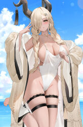 Rule 34 | 1girl, azur lane, blonde hair, braid, breasts, brown horns, competition swimsuit, covered navel, dark-skinned female, dark skin, hair over one eye, highleg, highleg swimsuit, highres, horn ornament, horns, large breasts, large horns, long bangs, long hair, looking at viewer, low twin braids, mole, mole under mouth, one-piece swimsuit, one eye covered, owari (azur lane), qing wu, solo, swimsuit, thigh strap, twin braids, white one-piece swimsuit, white swimsuit, yellow eyes
