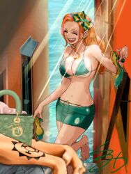 Rule 34 | 1boy, 1girl, ^ ^, arm tattoo, bag, bikini, bikini top only, bow, breasts, closed eyes, commentary request, denim, earrings, hair bow, highres, holding, holding shoes, jeans, jewelry, kuromitsu (erup8438), long hair, miniskirt, nami (one piece), no tattoo, ocean, one piece, orange hair, out of frame, pants, shoes, sidelocks, skirt, swimsuit, tattoo, teeth, trafalgar law, underboob, upper teeth only