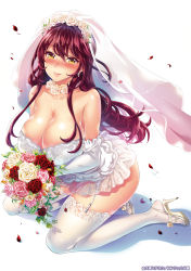 Rule 34 | 1girl, blush, bouquet, breasts, bridal veil, bride, cleavage, dress, elbow gloves, feet, flower, full-face blush, garter belt, garter straps, gloves, high heels, kuon michiyoshi, lace, lace-trimmed legwear, lace-trimmed panties, lace trim, large breasts, lingerie, panties, petals, red hair, rose, rose petals, sandals, shoes, sitting, solo, thighhighs, toeless footwear, underwear, veil, wariza, wedding dress, white thighhighs, yellow eyes