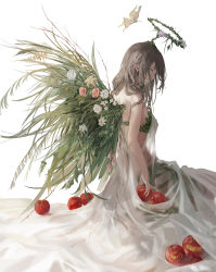 Rule 34 | 1girl, absurdres, apple, bare shoulders, bikini, bikini under clothes, breasts, bug, butterfly, dress, flower, food, from side, fruit, halo, highres, insect, jenmin12, leaf bikini, looking at viewer, looking to the side, medium breasts, original, pink flower, pink rose, plant, profile, rose, see-through, sideboob, sideways glance, simple background, sitting, solo, swimsuit, white background, white dress, white flower, white rose, wings, yellow eyes