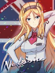 Rule 34 | 1girl, absurdres, arm behind head, ascot, blonde hair, blue eyes, breasts, character name, cowboy shot, flower, grey shirt, hand on own hip, headgear, highres, kantai collection, large breasts, long sleeves, looking at viewer, military, military uniform, neck flower, nelson (kancolle), pencil skirt, red ascot, red flower, red rose, roko roko (doradorazz), rose, shirt, skirt, solo, uniform, union jack