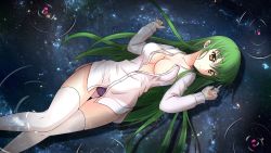 Rule 34 | 1girl, breasts, c.c., cleavage, code geass, green hair, guanghe zuoyong de de yezi, highres, long hair, looking at viewer, lying, on back, open clothes, open shirt, panties, partially submerged, purple panties, shirt, sky, solo, star (sky), starry sky, thighhighs, underwear, white shirt, white thighhighs, yellow eyes