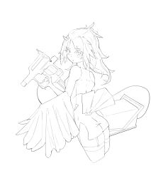 Rule 34 | 1girl, absurdres, arknights, bare shoulders, bird tail, cowboy shot, cropped legs, dress, feathers, from behind, garter straps, greyscale, gun, high contrast, highres, holding, holding gun, holding weapon, lineart, long hair, looking at viewer, looking back, monochrome, parted lips, pinecone (arknights), short dress, side slit, simple background, sleeveless, sleeveless dress, solo, standing, summerwood 000, tail, thighhighs, weapon, white background