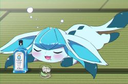 Rule 34 | :3, alcohol, animal hands, blush, bottle, bubble, chromatic aberration, closed eyes, creatures (company), cup, drink, drinking glass, drooling, drunk, english text, food, fruit, full body, game freak, gen 4 pokemon, glaceon, happy, highres, ice, ice cube, kemoribon, lime (fruit), lime slice, lying, nintendo, no humans, on stomach, open mouth, pokemon, pokemon (creature), saliva, smile, solo