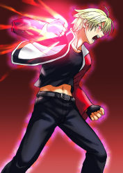 Rule 34 | 1boy, angry, blonde hair, clenched hands, energy, fatal fury, glowing, glowing eye, jacket, lithiumia, male focus, garou: mark of the wolves, open mouth, pants, red background, red eyes, rock howard, shirt, snk, solo, the king of fighters, uchiga