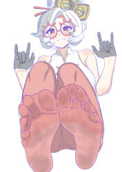 Rule 34 | 1girl, absurdres, blush, feet, glasses, grin, highres, long hair, looking at viewer, nintendo, no shoes, nush advance, pantyhose, purah, red eyes, red pantyhose, round eyewear, sleeveless, smile, soles, the legend of zelda, the legend of zelda: tears of the kingdom, toes, white hair
