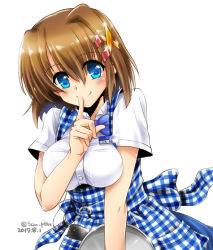 Rule 34 | 1girl, apron, blue bow, blue bowtie, blue eyes, blue skirt, bow, bowtie, breasts, brown hair, cellphone, checkered clothes, checkered skirt, closed mouth, dated, dress shirt, finger to mouth, gingham apron, hair between eyes, hair ornament, high-waist skirt, holding, looking at viewer, lyrical nanoha, medium breasts, name tag, phone, san-pon, shirt, short hair, short sleeves, shushing, skirt, smartphone, smile, solo, standing, suspender skirt, suspenders, tray, twitter username, upper body, waitress, white shirt, x hair ornament, yagami hayate
