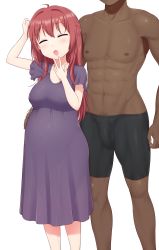 Rule 34 | 1boy, 1girl, absurdres, ahoge, akai (riaakai), akaza akane, arms up, black shorts, blush, breasts, bulge, closed eyes, covered erect nipples, dark-skinned male, dark skin, dress, feet out of frame, hand on another&#039;s hip, hand to own mouth, head out of frame, highres, interracial, large breasts, long hair, open mouth, out of character, pregnant, purple dress, red hair, shiny skin, shorts, simple background, smile, solo focus, standing, tongue, white background, yuru yuri