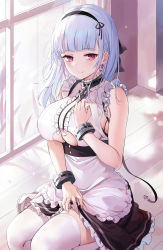 Rule 34 | 1girl, apron, azur lane, bare shoulders, black skirt, breasts, choker, clothing cutout, cuffs, dido (azur lane), earrings, emyo, frilled choker, frilled shirt, frilled skirt, frills, hairband, hand on own chest, handcuffs, highres, jewelry, large breasts, long hair, looking at viewer, maid, maid apron, miniskirt, on floor, red eyes, shirt, sitting, skirt, sleeveless, sleeveless shirt, smile, solo, thighhighs, underboob, underboob cutout, waist apron, white hair, white shirt, white thighhighs, zettai ryouiki