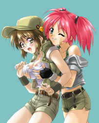 Rule 34 | 2girls, artist request, bandaid, belt, blush, breasts, brown hair, covered erect nipples, fio germi, from behind, glasses, grabbing, grabbing another&#039;s breast, green eyes, groping, hat, large breasts, metal slug, midriff, molestation, multiple girls, nadia cassel, nipple slip, nipples, one eye closed, open mouth, pink hair, short shorts, short twintails, shorts, simple background, smiley face, snk, twintails, vest, wink, yuri