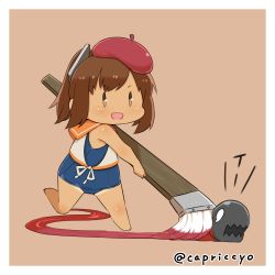 Rule 34 | 10s, 1girl, abyssal ship, art brush, beret, brown eyes, brown hair, capriccyo, chibi, hat, i-401 (kancolle), i-class destroyer, kantai collection, matching hair/eyes, one-piece swimsuit, oversized object, paintbrush, ponytail, running, sailor collar, school swimsuit, short ponytail, smile, solo, swimsuit, swimsuit under clothes, tan, tanline