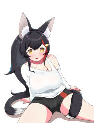 Rule 34 | 1girl, animal ear fluff, animal ears, asymmetrical clothes, asymmetrical shirt, black hair, black shorts, cameltoe, clothing cutout, commentary request, double-parted bangs, hair ornament, hairclip, highres, hololive, kani bonara, leotard, light blush, long hair, long sleeves, looking at viewer, multicolored hair, official alternate costume, official alternate hairstyle, ookami mio, ookami mio (casual), open mouth, ponytail, red hair, shirt, short shorts, shorts, shoulder cutout, sidelocks, single-shoulder shirt, single bare shoulder, sitting, solo, strapless, strapless leotard, streaked hair, tail, tail around own leg, tail wrap, very long hair, virtual youtuber, white hair, white shirt, wolf ears, wolf girl, wolf tail, yellow eyes