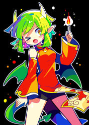 Rule 34 | &gt; o, 1girl, absurdres, bike shorts, black shorts, blush, breasts, brown eyes, china dress, chinese clothes, detached sleeves, draco centauros, dragon girl, dragon horns, dragon tail, dragon wings, dress, fang, fire, green hair, highres, horns, index finger raised, long sleeves, medium breasts, offbeat, one eye closed, open mouth, pointy ears, puyopuyo, red dress, short hair, shorts, solo, tail, wings