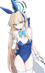 1girl animal_ears blonde_hair blue_archive blue_bow blue_bowtie blue_eyes blue_halo blue_leotard bow bowtie breasts citron80citron cleavage commentary_request detached_collar fake_animal_ears halo headset highleg highleg_leotard highres holding leotard long_hair looking_at_viewer medium_breasts official_alternate_costume parted_lips playboy_bunny rabbit_ears simple_background solo sparkle strapless strapless_leotard thighhighs toki_(blue_archive) toki_(bunny)_(blue_archive) v very_long_hair white_background white_thighhighs white_wrist_cuffs wrist_cuffs