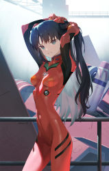Rule 34 | 1girl, black hair, blue eyes, bodysuit, breasts, commentary, cosplay, eva 02, fate (series), grin, head tilt, highres, looking to the side, mecha, neon genesis evangelion, open mouth, parted bangs, pilot suit, plugsuit, red bodysuit, revision, robot, shiny clothes, siino, skin tight, small breasts, smile, solo, souryuu asuka langley (cosplay), tohsaka rin, twintails, twitter username, tying hair