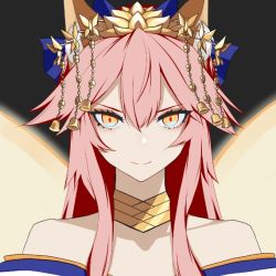 Rule 34 | 1girl, animal ear fluff, animal ears, artist request, bare shoulders, bell, collarbone, crown, eyes visible through hair, fate/grand order, fate (series), fox ears, fox girl, fox tail, japanese clothes, light smile, long hair, looking at viewer, multiple tails, official alternate costume, pink hair, solo, tail, tamamo (fate), tamamo no mae (fate/extra), tamamo no mae (third ascension) (fate), very long hair, yellow eyes