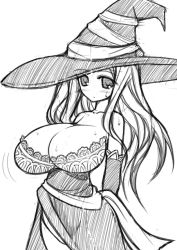 Rule 34 | 1girl, blush, breasts, dragon&#039;s crown, hat, huge breasts, long hair, looking at viewer, miyata gakuman, monochrome, motion lines, no bra, simple background, solo, sorceress (dragon&#039;s crown), standing, sweat, vanillaware, white background, witch hat