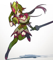 Rule 34 | 1girl, black footwear, black sclera, breasts, bustier, cleavage, cleavage cutout, closed mouth, clothing cutout, colored sclera, detached sleeves, espinas, garter straps, gloves, green gloves, green hair, green hat, hand up, hat, highres, holding, holding sword, holding weapon, large breasts, leg up, leggings, long hair, monster hunter, monster hunter (series), monster hunter frontier, multicolored hair, one eye covered, pale skin, personification, ponytail, puffy short sleeves, puffy sleeves, rapier, red hair, red trim, short sleeves, skirt, smirk, solo, strap, sword, tricorne, two-tone hair, two-tone headwear, user ttug5452, weapon, yellow eyes