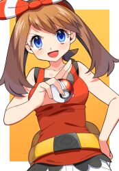 Rule 34 | 1girl, :d, bare arms, blue eyes, blush, border, bow, bow hairband, breasts, brown hair, creatures (company), game freak, hair bow, hairband, hand on own hip, highres, holding, holding poke ball, long hair, looking at viewer, may (pokemon), nintendo, open mouth, poke ball, pokemon, pokemon oras, red hairband, red shirt, shirt, sleeveless, sleeveless shirt, small breasts, smile, solo, striped, striped bow, twintails, upper body, v-shaped eyebrows, white border, yellow background, yuihico